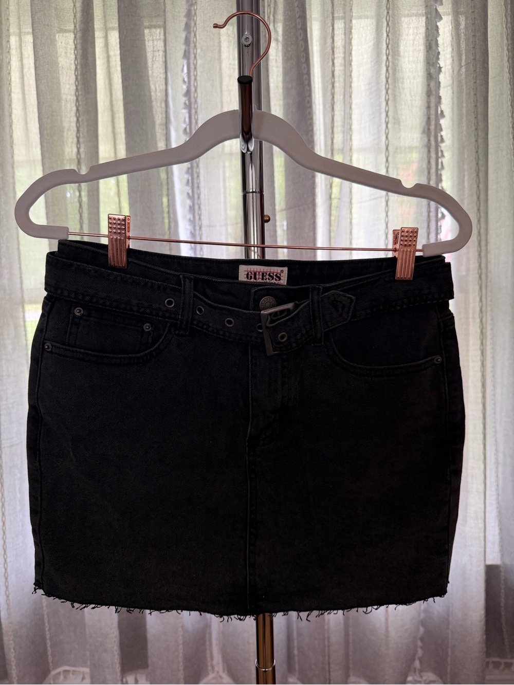 ‼️Clearance‼️GUESS Washed Black Denim Mini Skirt with Raw Edge